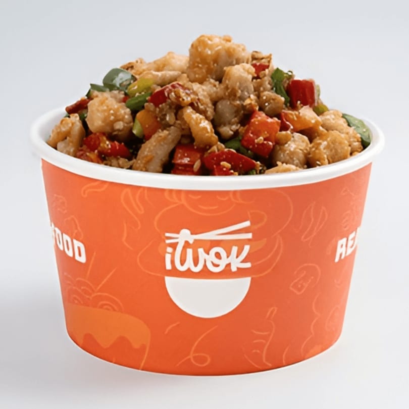 iWok branded cup filled with crispy chicken, red peppers, and green onions.