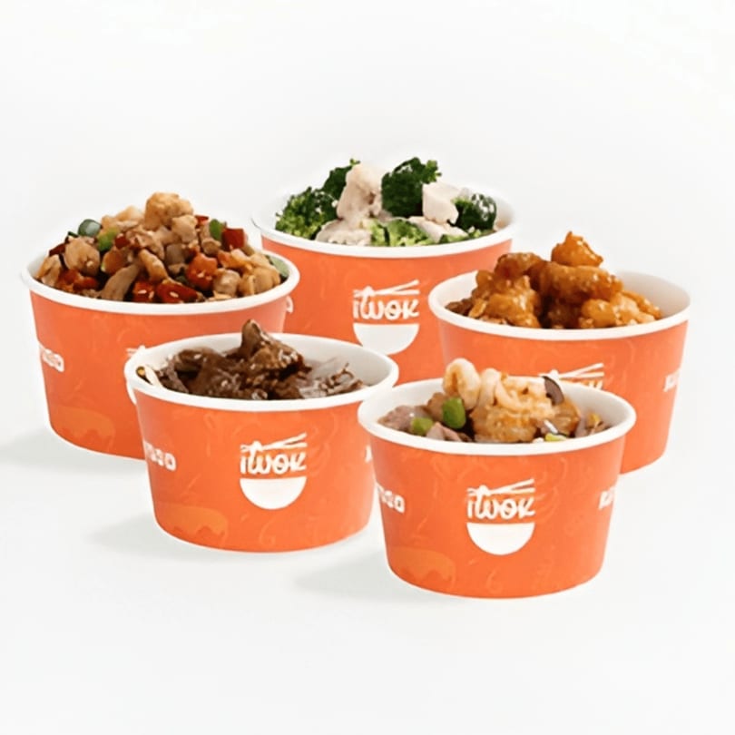 Five orange iWok branded cups filled with various Asian dishes, including chicken, beef, and shrimp.
